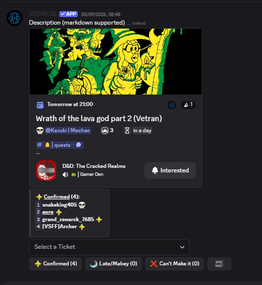 Atomcal Discord event embed with artwork, RSVPs, tickets, and Confirmed list